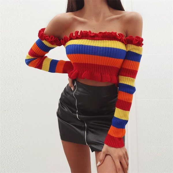 

autumn winter women ruffles strapless off shoulder knitted shirt sweater crop jumper female slim stripes f81159, White;black