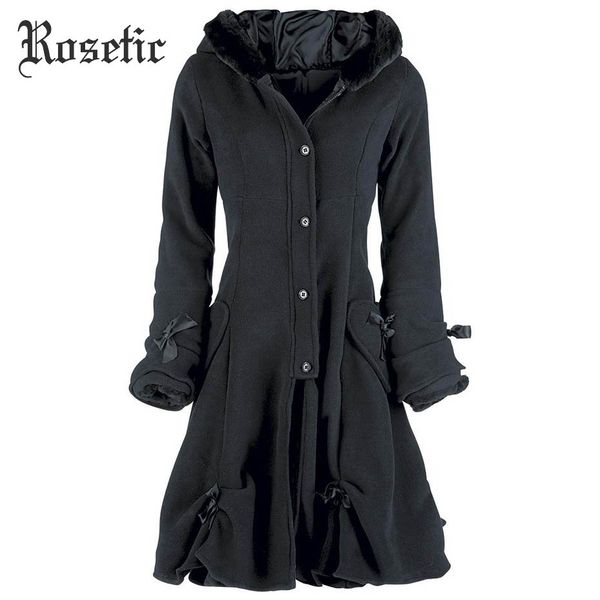 

rosetic gothic coat women black winter long overcoat lace-up vintage hoodies single-breasted thicker goth female outwear autumn