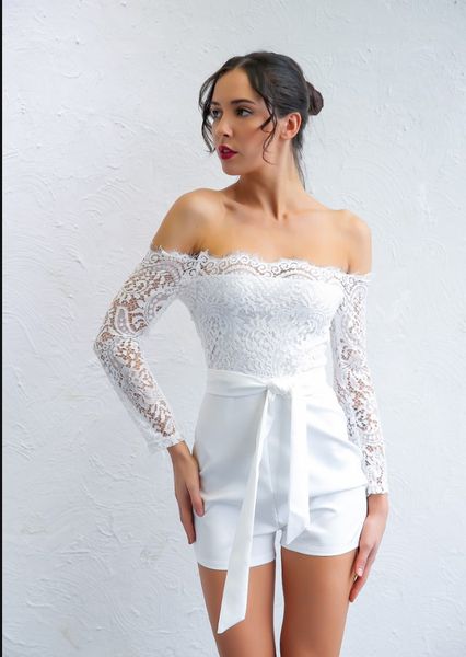 

elegant fitness summer romper jumpsuit woman 2018 strapless hollow out body suit long sleeve lace playsuit women, Black;white