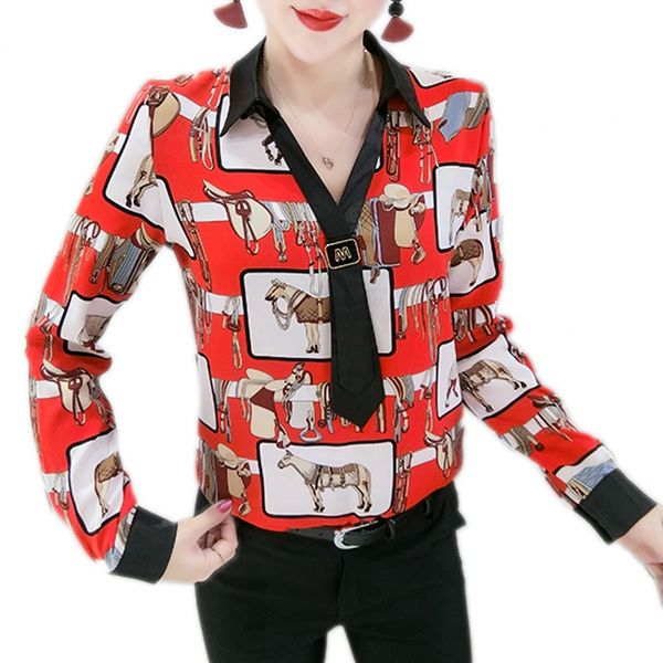 

fashion 2020 spring european clothes v-neck necktie print horse blouse women chiffon shirt long sleeve ropa mujer t02514, White