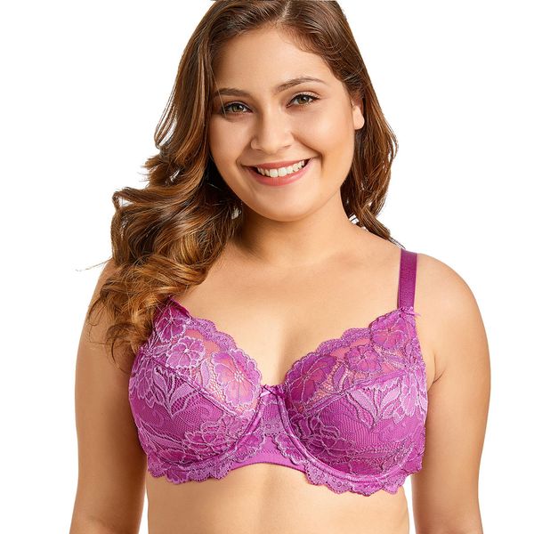 

Women Full Coverage Underwired Non-Foam Plus Size Floral Lace Bra, Red