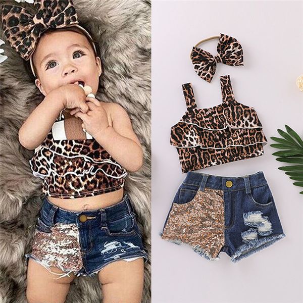 2020 Baby Mädchen Kleidung Neugeborenen Kinder Baby Mädchen Kleidung Leopard Print T Shirt Denim Pailletten Shorts Stirnband Outfits Set