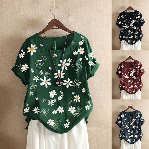 

fashion female pullover blouses floral print designer contrast color womens clothing short sleeve crew neck ladies shirts, White