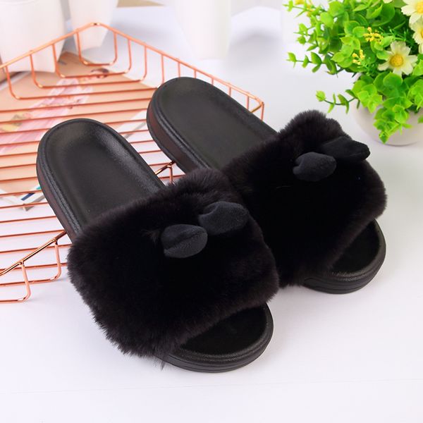 

2018 casual leisure soft comfy woman slippers for home flat winter sewing fur slides open toe anti-slip fuzzy shoes, Black
