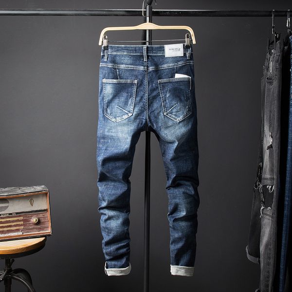 

mens stretch fashion full length denim trousers slim solid causal pencil pants jeans for male business straight jeans aa11408, Blue