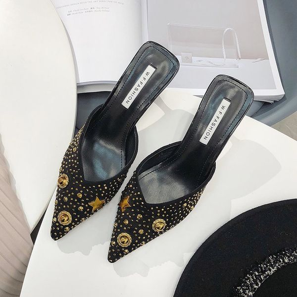 

effgt women summer high heel mules slippers ladies pointed toe strange style rivet single shoes fashion sequin slipper sandals t04, Black
