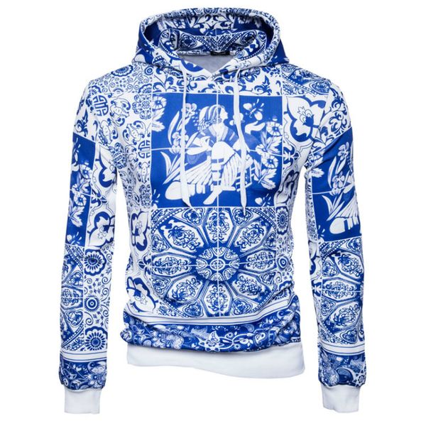 

2019 new mens hipster long sleeve blue and white printed hip hop hoodies casual hooded sweatshirts fashion urban clothing, Black