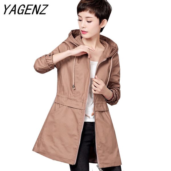 

large size 6xl women trench coat spring slim medium long hooded overcoat solid casual female windbreaker middle-ages clothing, Tan;black