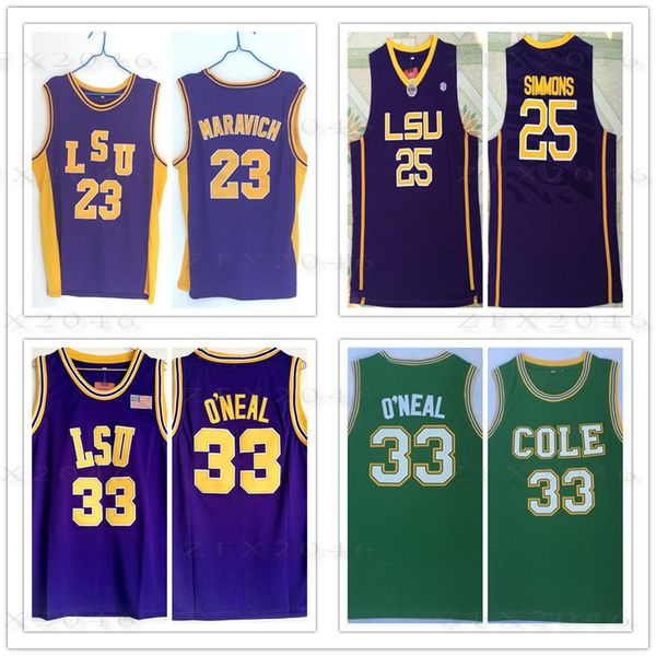 

ncaa lsu tiger 23 pete maravich jersey shaquille 33 o'neal 25 simmons purple yellow white backetball jerseys college stitched ben shaq, Black