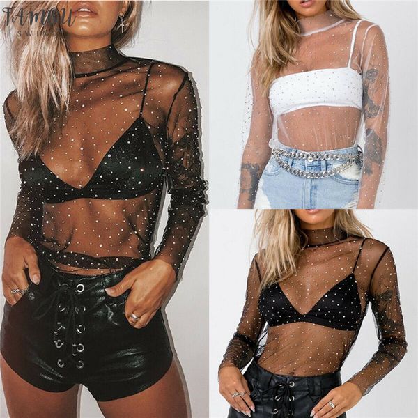 

women lace mesh sheer blouses lady shiny see through lace beads shirts long sleeve shirt blouse women clothing clubwear, White