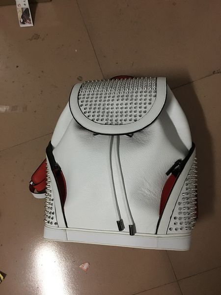 

genuine leather brand women men backpack r lamb skin spike bags with crystal spins red color bottom black color packbag big bags