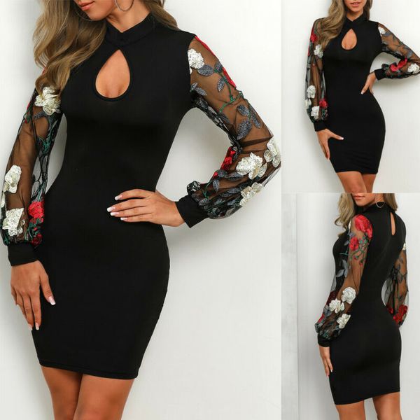 

2019 new dress women mesh long sleeve floral fishnet mesh hollow bodycon party dress clubwear, Black;gray