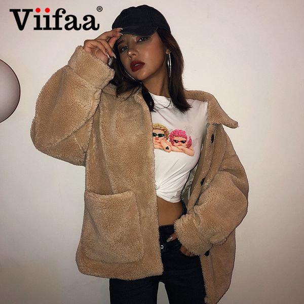 

viifaa turn-down collar single breasted pocket winter warm coat fashion women streetwear drop shoulder casual coat outerwear, Black