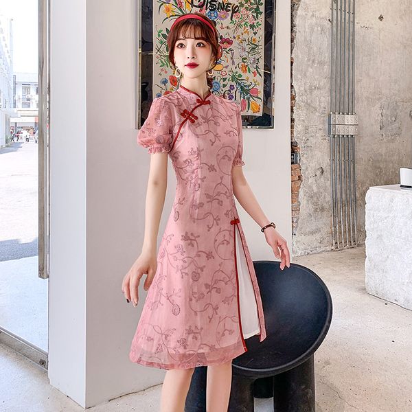 

aodai chinese women's elegant short lady short sleeve qipao handmade button cheongsam slim qipao size -3xl, Red