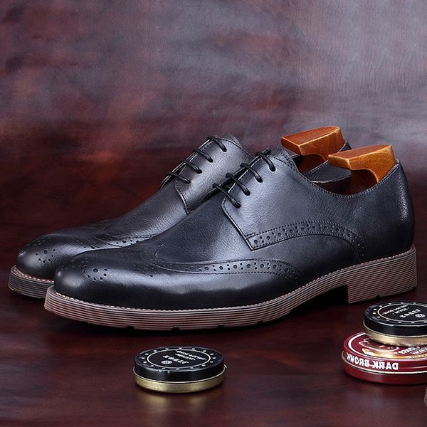 

new arrival man wingtip brogue shoes natural genuine leather handcrafted office oxfords round toe lace men's welted flats bgq200, Black