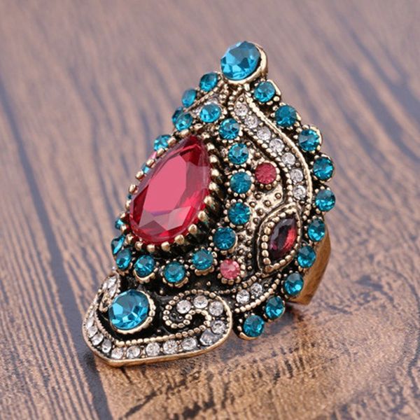 Atacado-ewelry Big Pink anéis de casamento vintage para mulheres cristal de safira Gold Mosaic Blue Crystal moda do presente do amor Anel