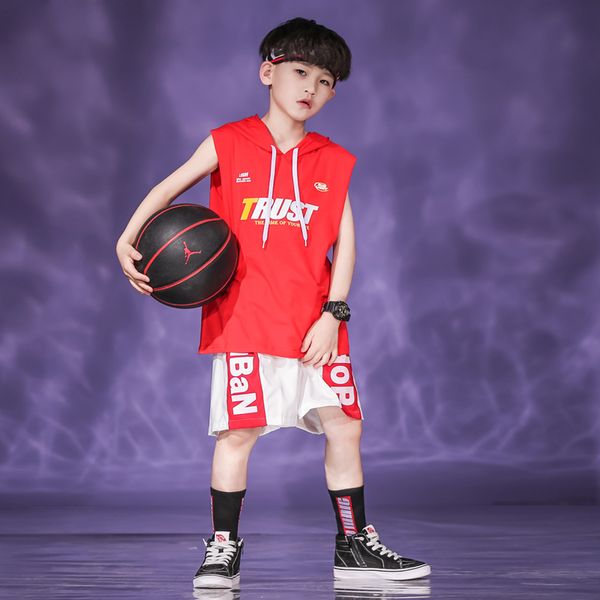 

children hip hop dance performance costumes boys summer sports hiphop suit jazz street dance clothes stage rave clothes sl2847, Black;red