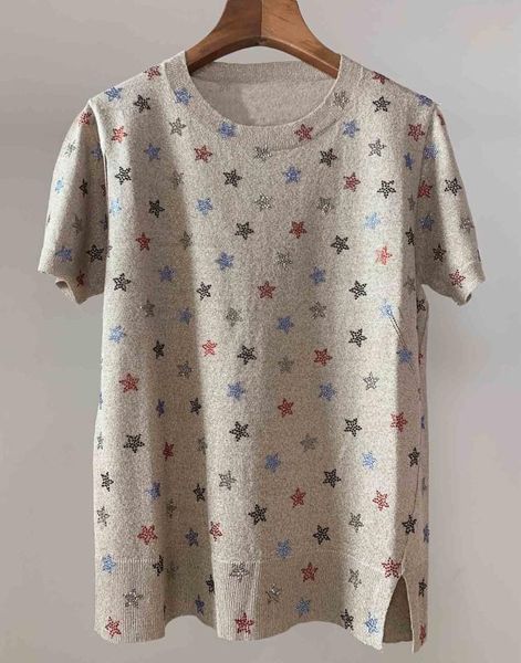 

women sweater spring / summer 2020 new short-sleeved knitted pullover fashion casual loose star round neck knitted pullover top, White;black