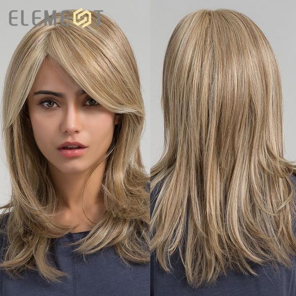 

synthetic long straight hair light brown mix blonde wigs with side bangs for white/black women daily wear