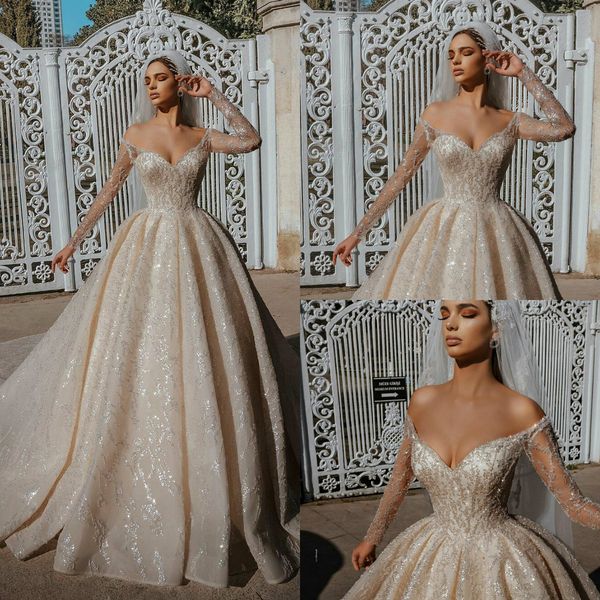 

new a line wedding dresses off shoulder long sleeve sparkly sequins wedidng dress pleats bridal robes de mariÃ©e, White