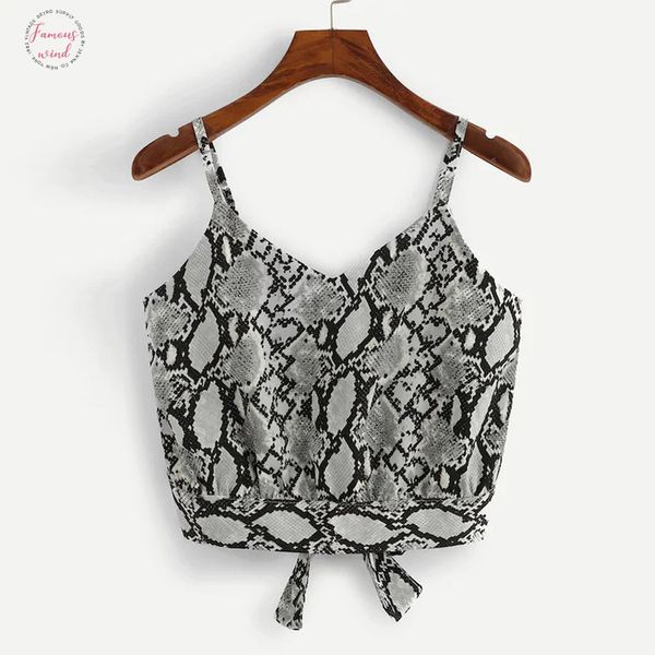 

tank cropped lady hollow out self tie back v neck snake print summer crop women feminino camisole blouse, White