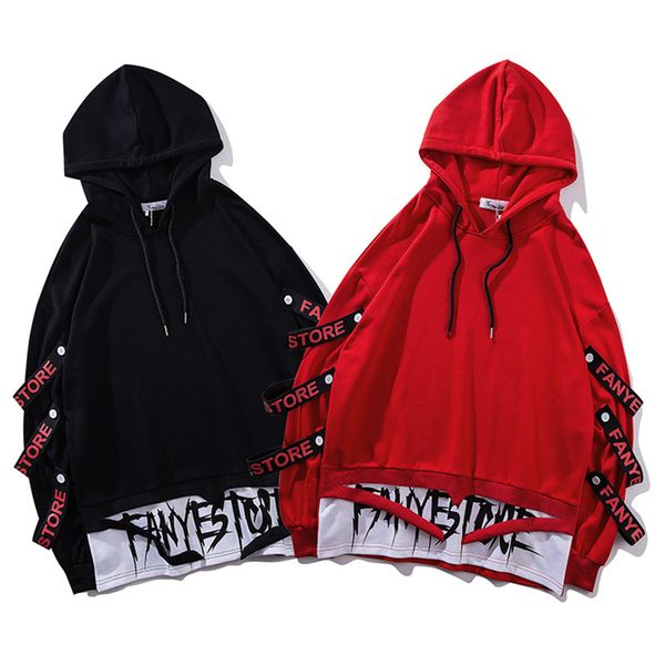 

hip hop hoodies sweatshirts men 2019 spring side ribbons fashion streetwear pullover hoodie men lovers sweatshirt, Black