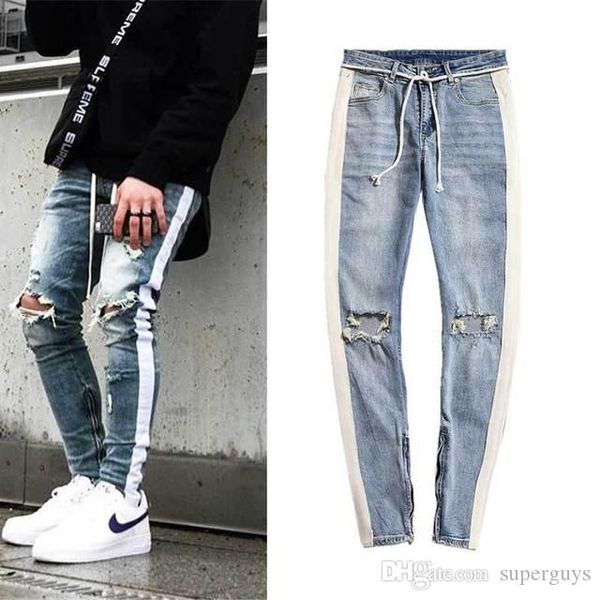

mens distress ripped skinny jeans fashion designer slim fit destroyed jeans denim pants for men hip hop jeans, Blue
