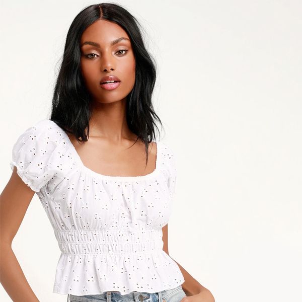 

sweet embroidery hollow out white blouse women short vintage square collar ladies shirts lantern sleeve summer clothes 2019