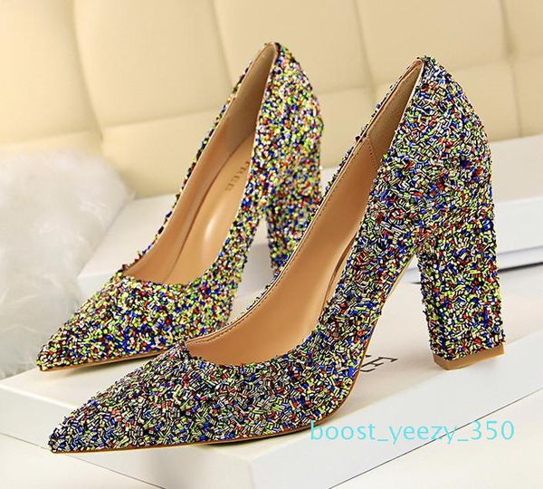 

золотые толстые туфли на высоком каблуке с острым носком блестящие свадебные туфли с блестками серебряное платье для выпускного вечера разме, Black