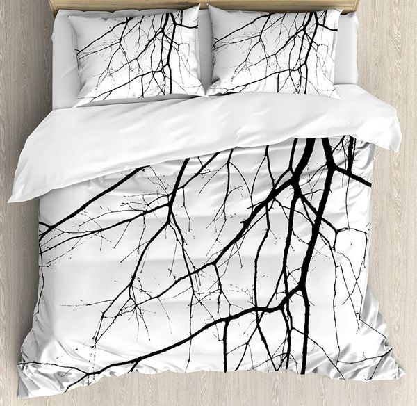 Cobertura de edredão preto e branco Conjunto de árvores de inverno sem folhas de inverno galhos idílicos de carvalho print de cama definido preto