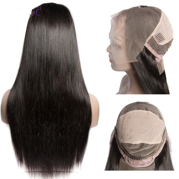 

360 полные кружева парики человеческих волос прямые человеческие волосы парики фронта шнурка 130% плотность реми девы бразильские волосы рем, Black