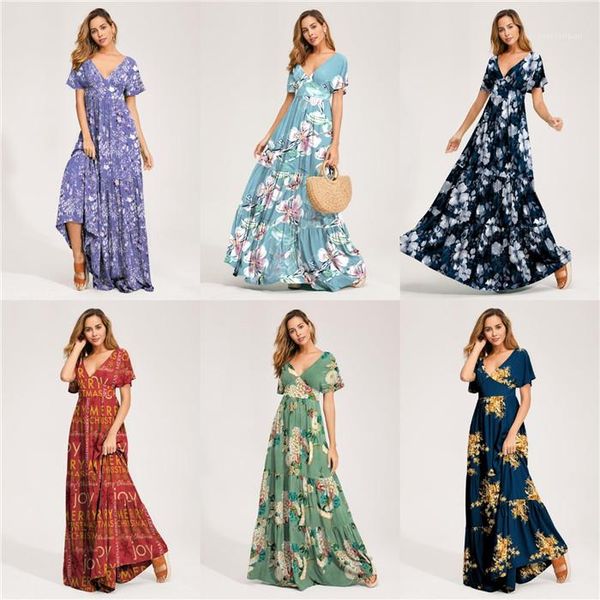 

print beach holidday designer style female clothing v neck womens summer maxi dresses short floral, Black;gray