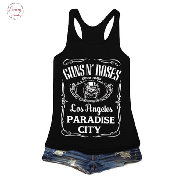 

guns n rose floral print women tank gothic tees streetwear hipster off shoulder punk fashion vest drop, White