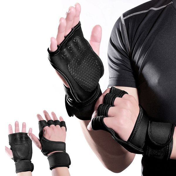 

1 pair men women protective training non slip body building fitness gloves weight lifting gym workout wrist wrap sports silicone, Black