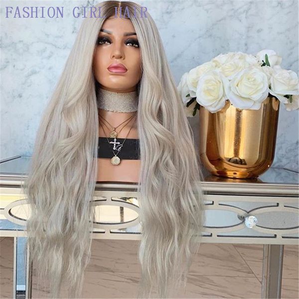 Lange gewellte synthetische Perücken Ombre Platinblonde Damenperücken für afroamerikanische Mittelteil-schwarzgraue Cosplay-Perücken