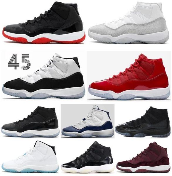 

new 11 11s 2019 bred metallic silver space jam concord basketball shoes men women cap and gown gym red 72-10 sneakers with box