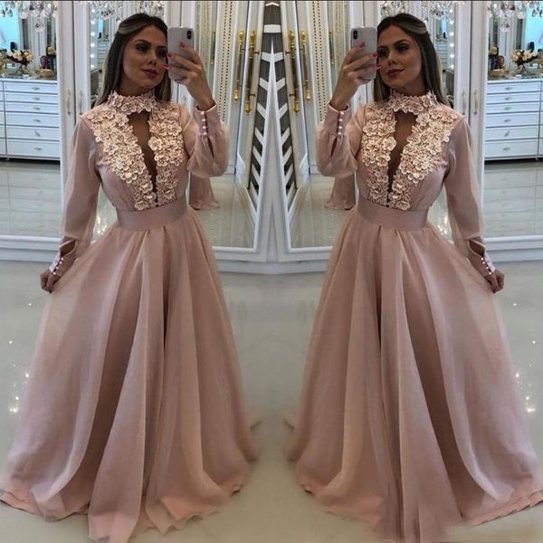 

new blush pink prom dresses long sleeves with flowers high neck keyhole crystal beads organza formal party dress evening gowns wear ef2, Black