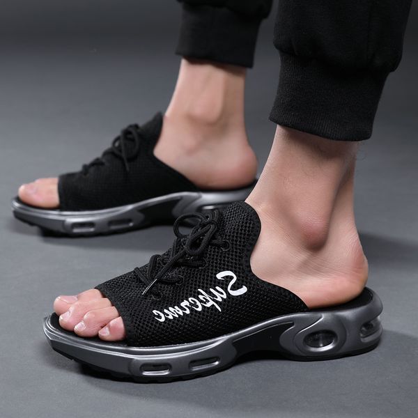 

cushion slippers men vacation wearproof antiskid slipper with soft sole mesh slipper hollow shoes for summer lace up slippers zy409, Black
