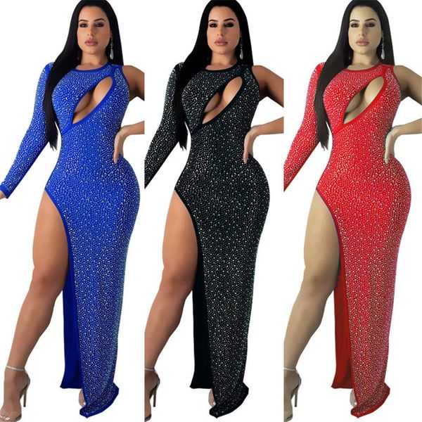 

блестящий rhinestone sexy club макси платье женщин спинки спереди выдалбливают высокие сплит элегантное платье одно плечо нерегулярные плат, White;black