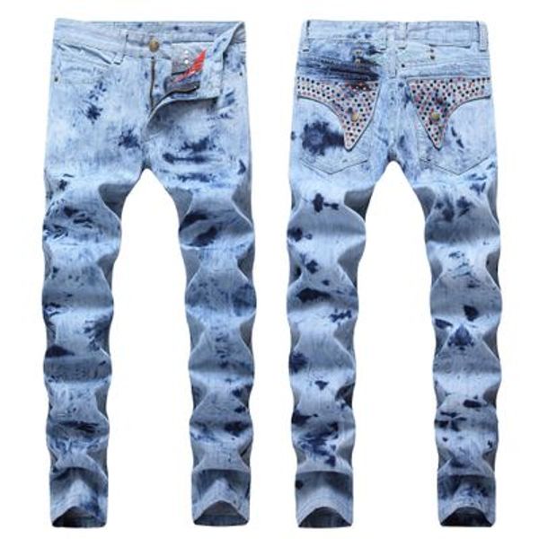 

new european and american fashion trend menswear ironing bead jeans young men jeans fashion straight tube slim men's trousers, Blue