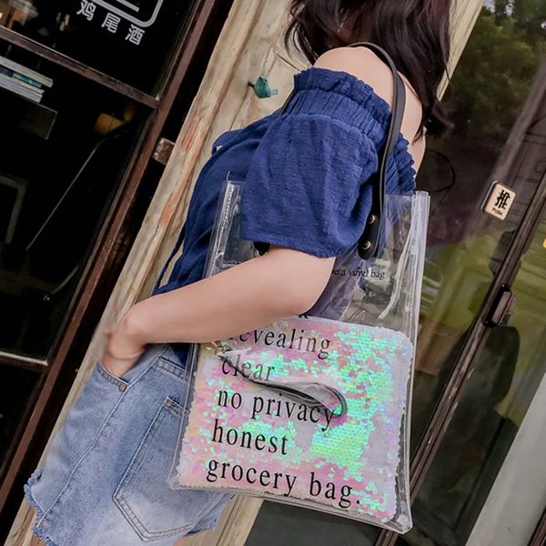 

xiniu women's fashion transparent shoulder bag sequins messenger bag handbag beach party banquet simple crossbody tote#0522