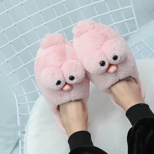 

women's winter warm shoes cartoon bird big eyes cotton slippers indoor waterproof non-slip plush slippers brand men's shoes, Black