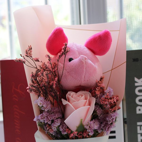 

promotion cute piglet with soap flowers cartoon bouquets stuff animal plush toys creative valentine graduation gift