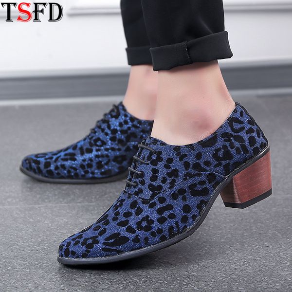

leather men's shoes pointed men's sneakers dres shoes men office slip-on spring blue leopard print heels shoe y11, Black