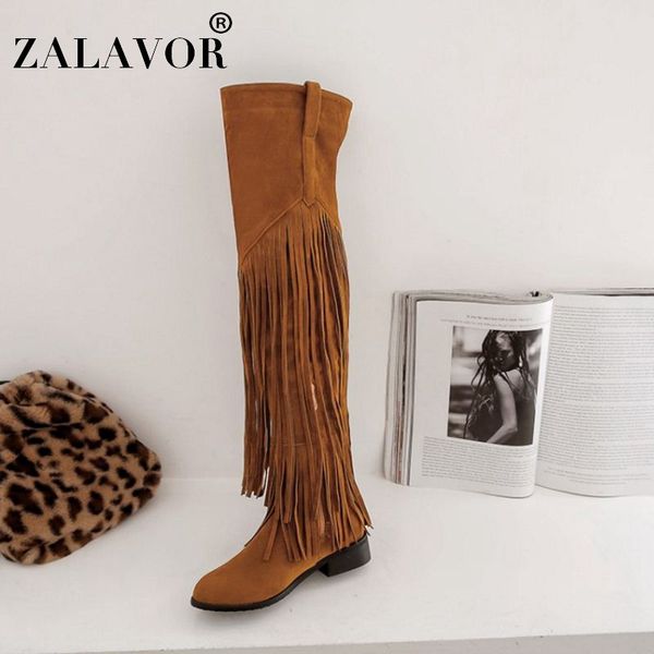 

zalavor warm thigh high boots big size 32-46 fashion tassel winter flats botas female casual add fur over knee woman's shoes, Black