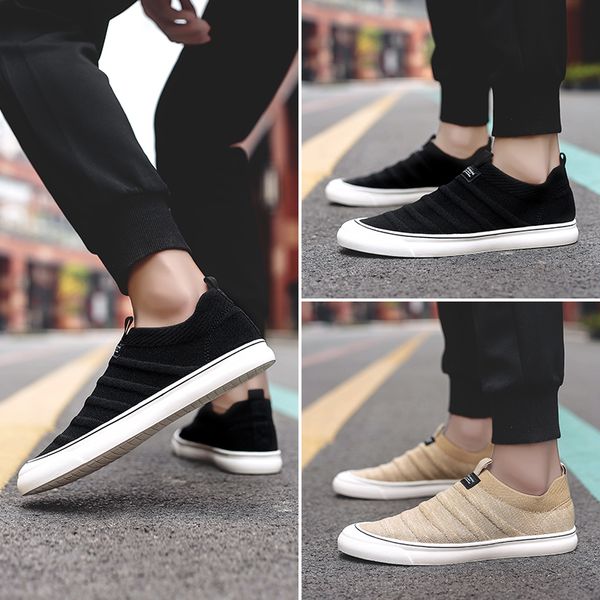 

men summer round head flat shoes breathable slip on casual walking shoes, Black