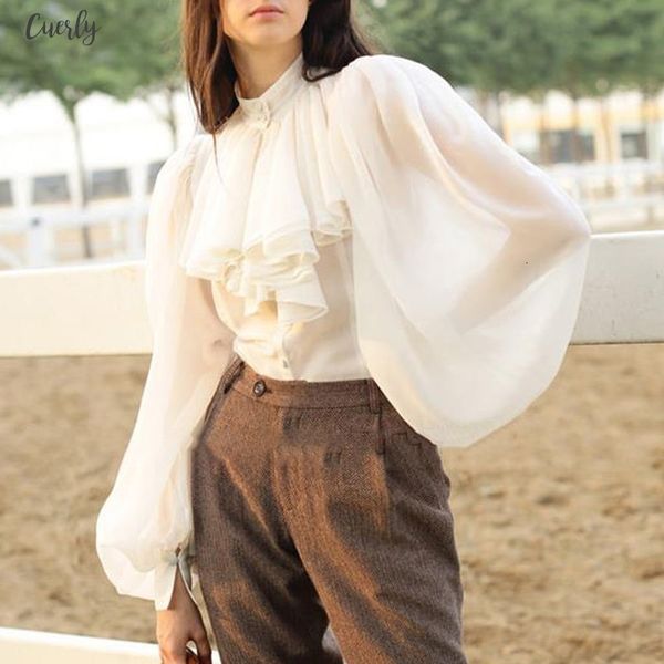 

chiffon shirts blouse women stand collar lantern long sleeve female elegant fashion clothes 2020 spring, White