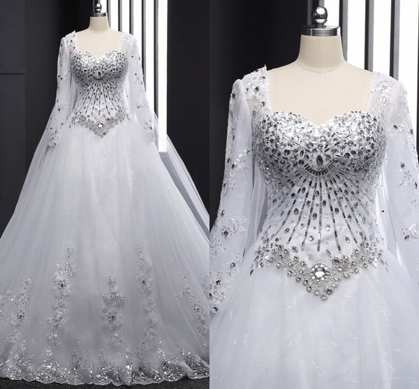 

square corset back lace wedding dresses bridal gowns 2019 rhinestones beaded applique sequined princess wedding gowns vestidos de novia, White