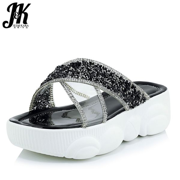 

jk casual slippers women open toe footwear transparent pvc platform shoes slides female mesh mules bling shoes woman summer, Black