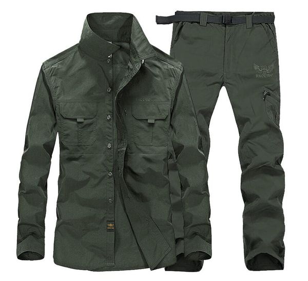 

summer outdoor hiking long-sleeved shirt quick-drying pants sets men's plus size waterproof breathable fishing hunting sports sets, Gray;blue